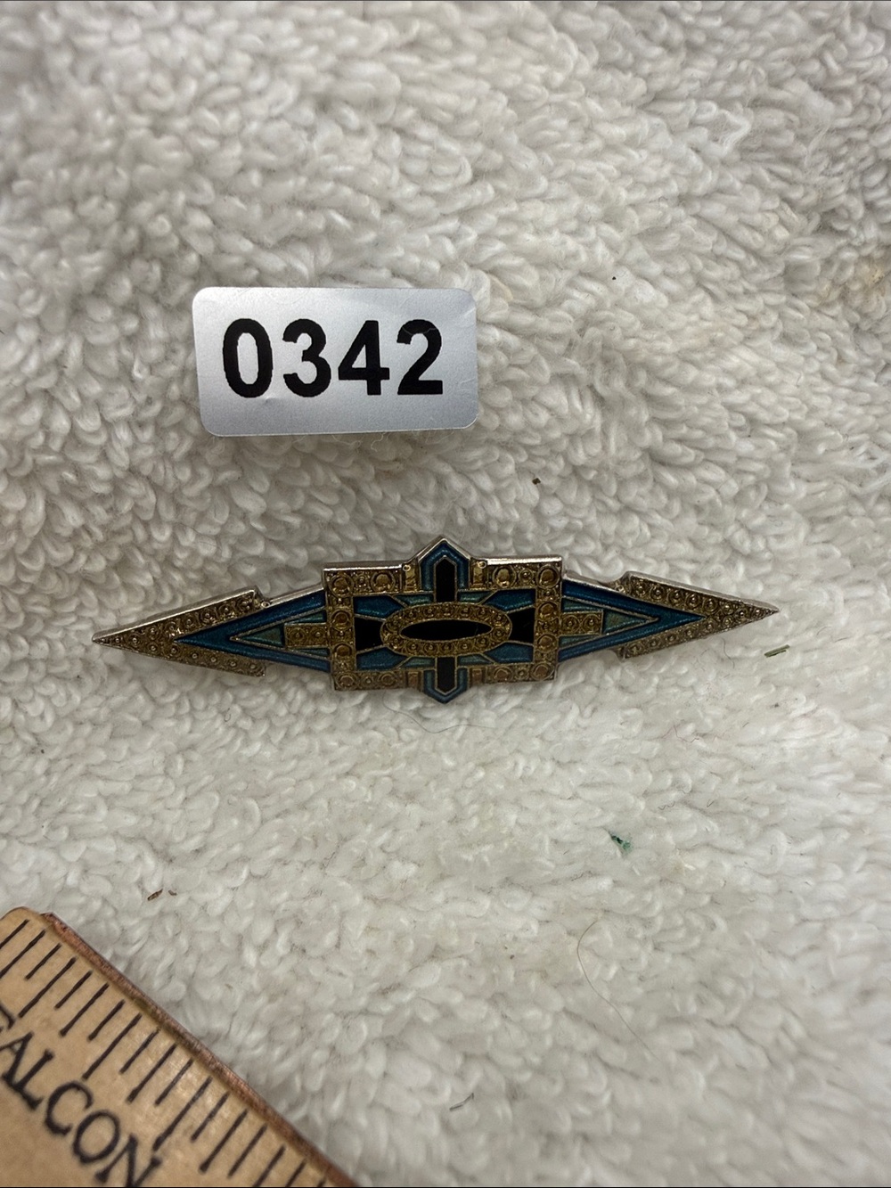 Gold-Tone Brooch with Teal and Black Enamel Accents